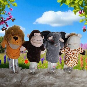4 Animal Hand Puppets Set lion monkey elephant giraffe plush safari zoo animals